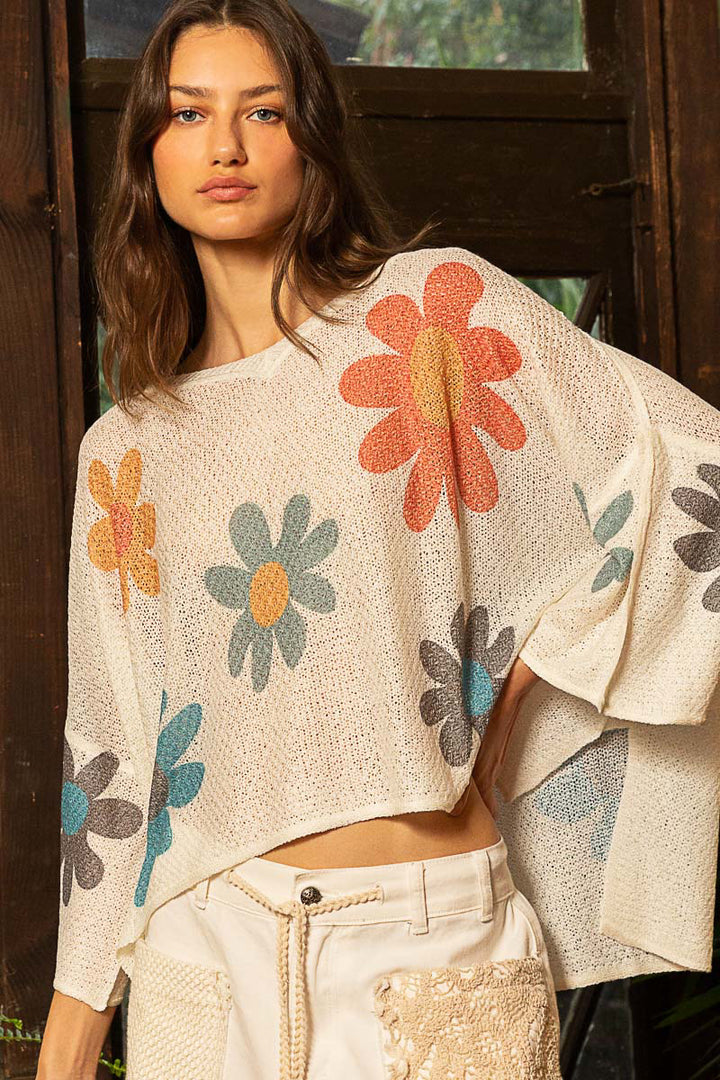 RESTOCKED: Pre-Order: Ivory Floral V-Neck 3/4 Sleeve Sweater