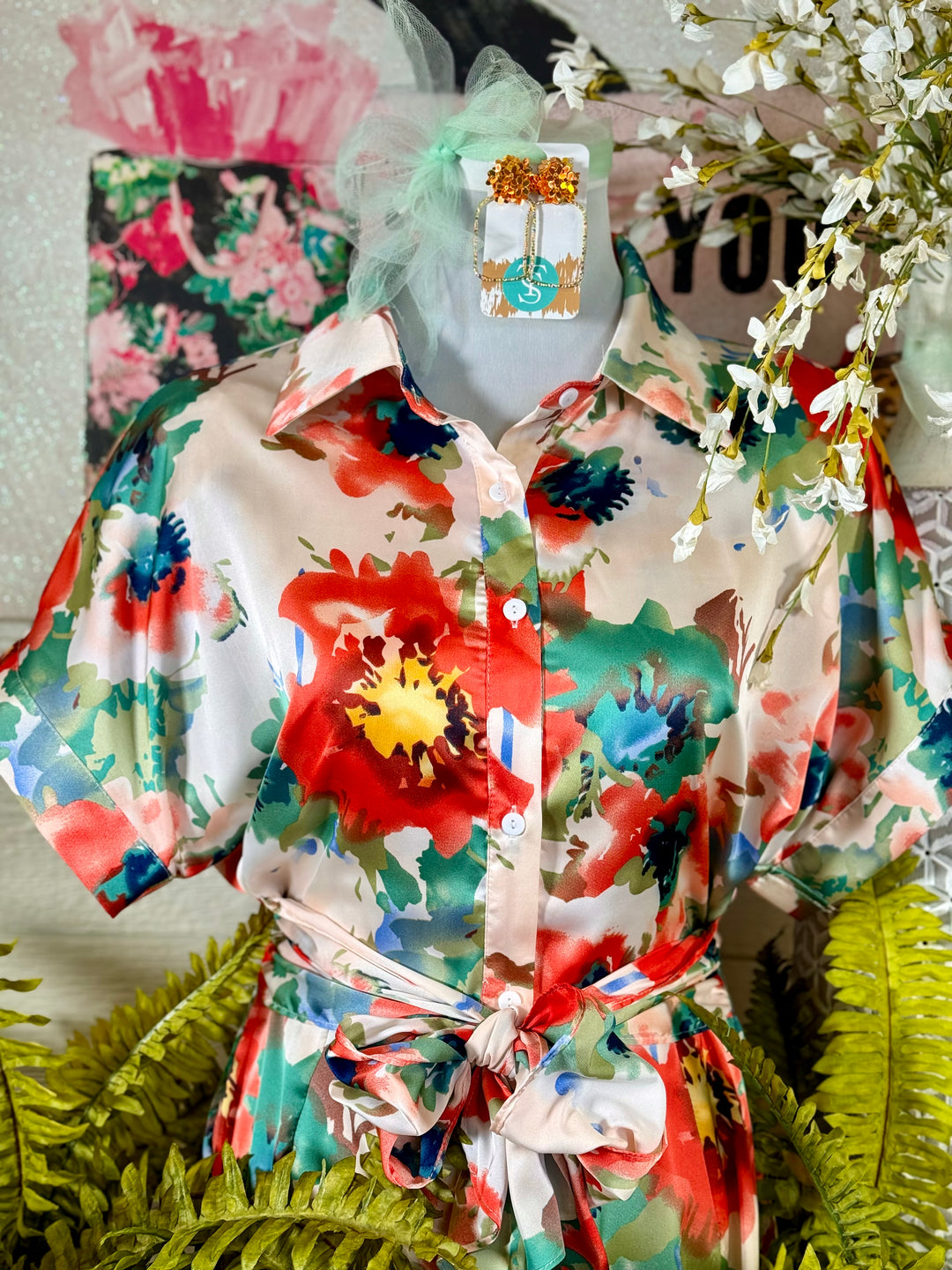 Apricot Floral Printed Jumpsuit W/ Tie Waist - Final Sale