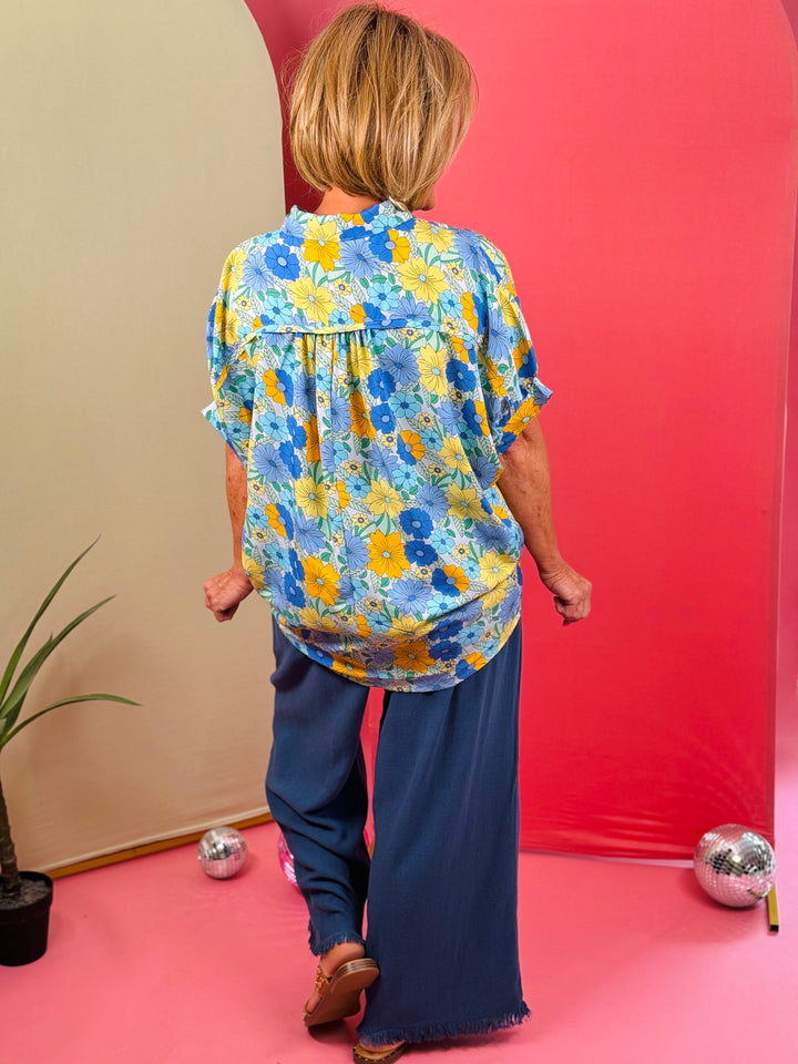 Blue Flower Print Boxy Cut Button Down Collared Top with Short Dolman Sleeve - Available Small Through Extended Sizes