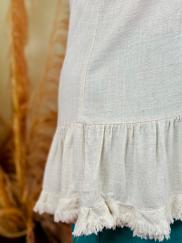 Oatmeal Linen Sleeveless Collared Top with Fray Details