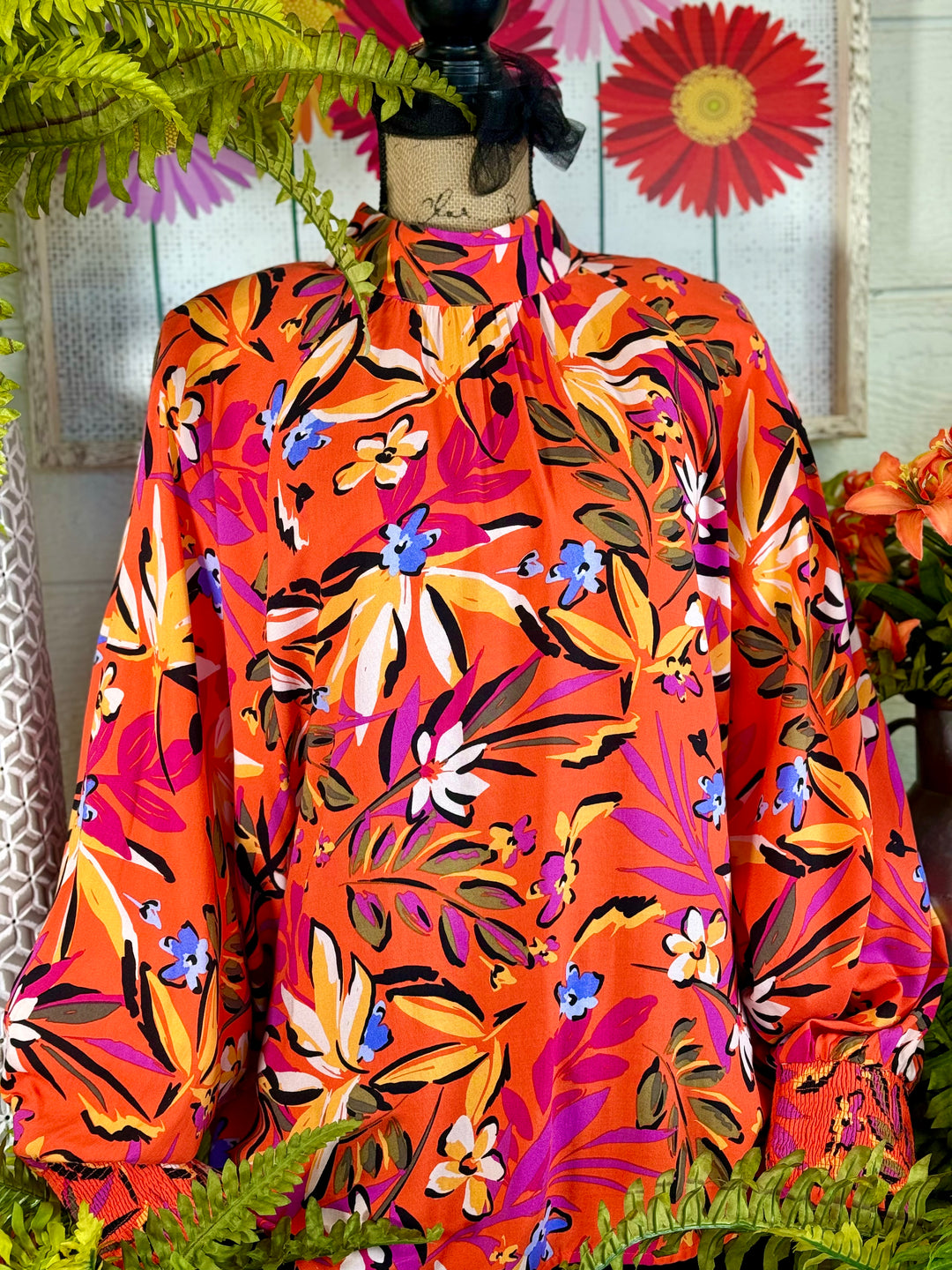 Tropical Print Mock Neck Challis Blouse - 2 Color Options - Final Sale