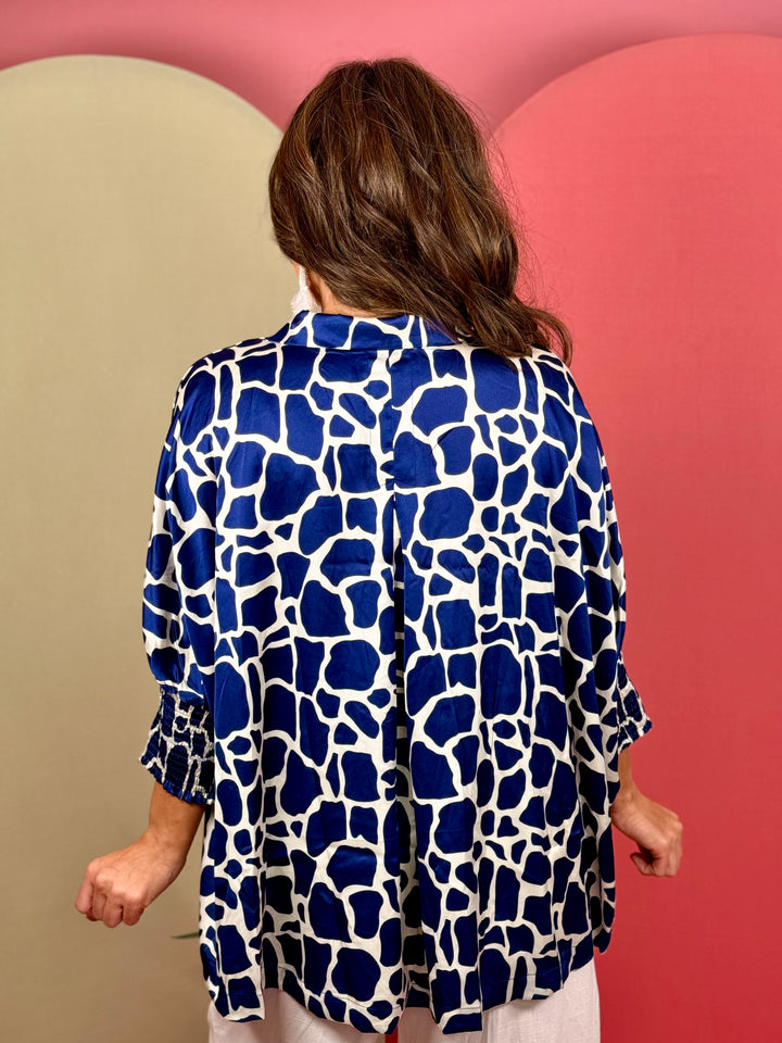 Navy Satin Giraffe Print Blouse - Available Small Through Extended Sizes