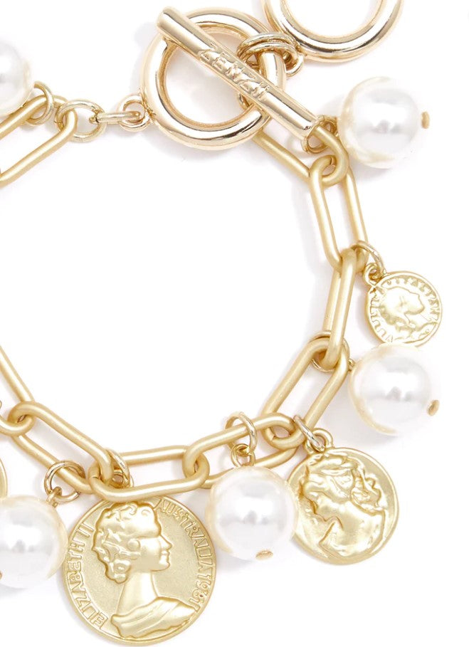 Matte Metal Link Bracelet w/Pearl & Coin Charms - Gold / Silver
