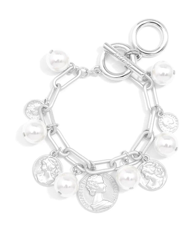 Matte Metal Link Bracelet w/Pearl & Coin Charms - Gold / Silver