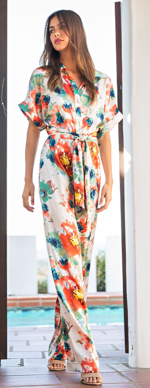 Apricot Floral Printed Jumpsuit W/ Tie Waist - Final Sale
