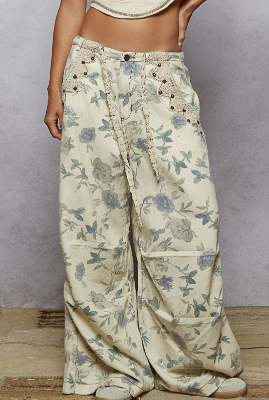 Cream Floral Twill Pants
