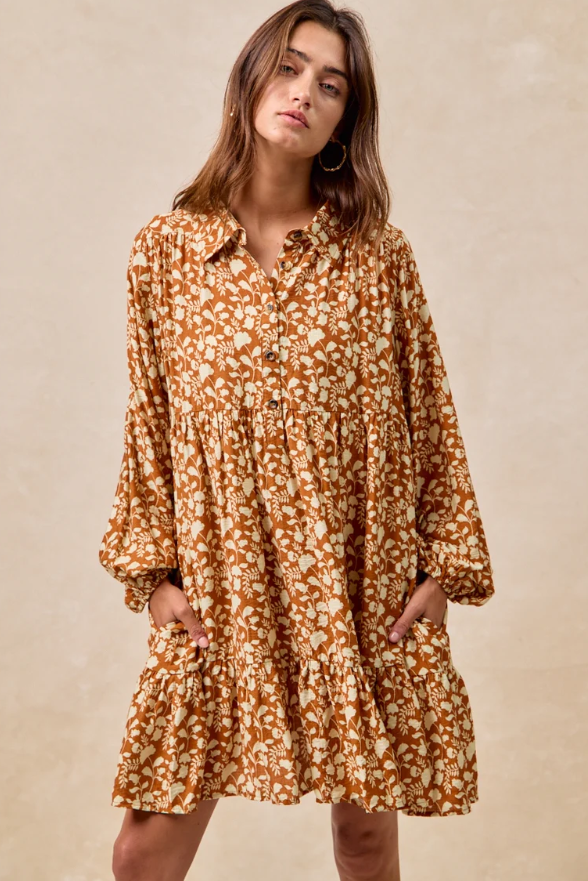Rust Floral Tiered Dress