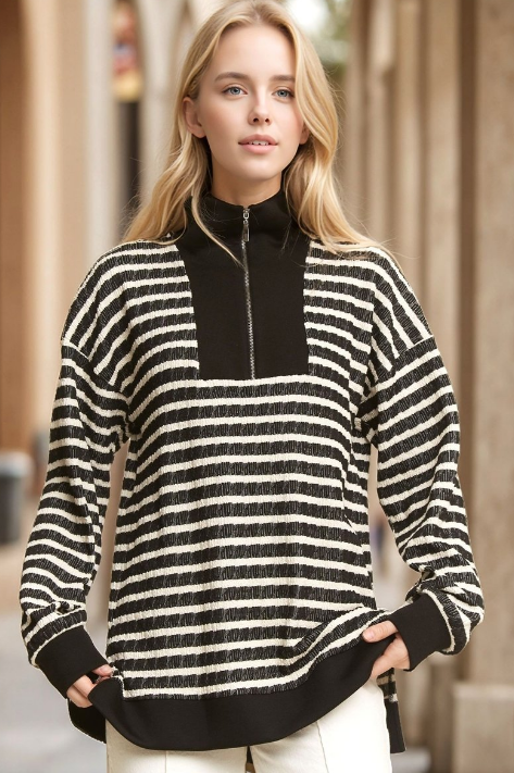 Black/Cream Zip Up Striped Top