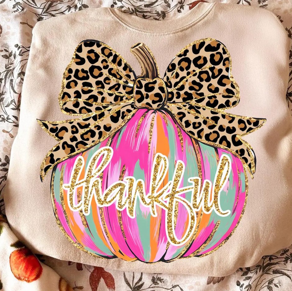 Sand "Thankful" Leopard Pumpkin Bow Tee/Sweatshirt