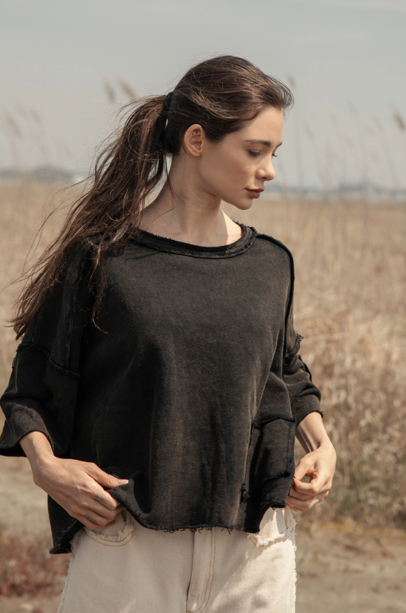 Oversize Garment Dyed Cropped Top with Raw Hem