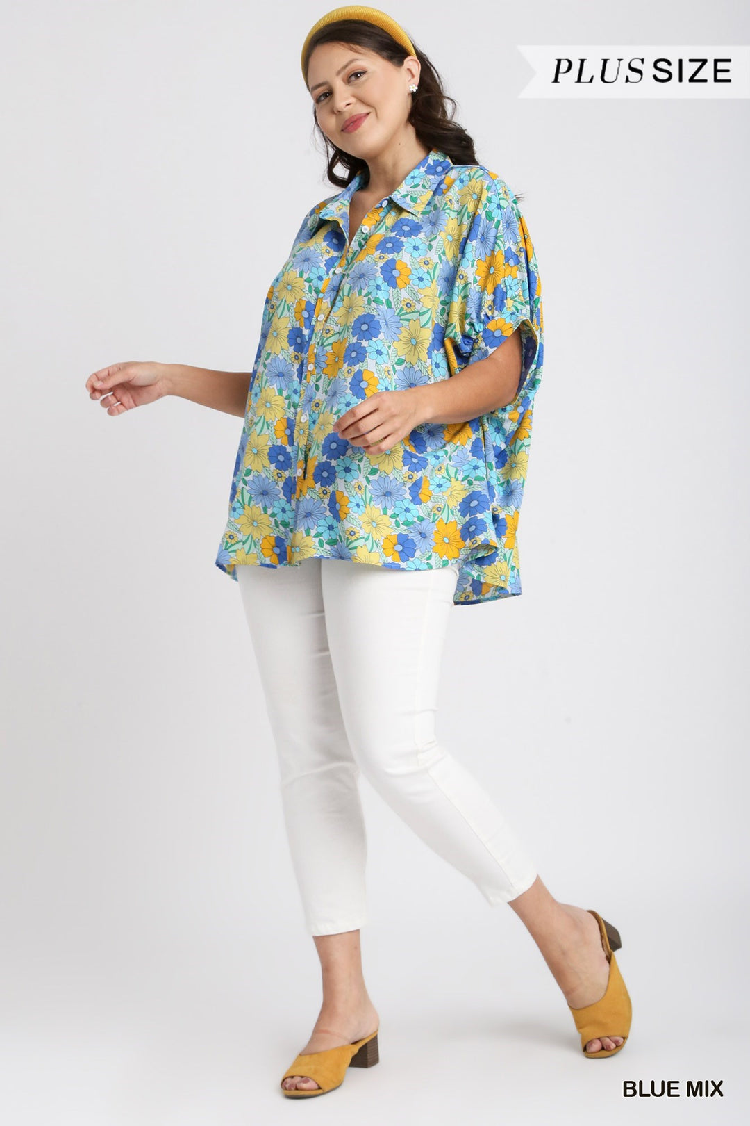 Blue Flower Print Boxy Cut Button Down Collared Top with Short Dolman Sleeve - Available Small Through Extended Sizes