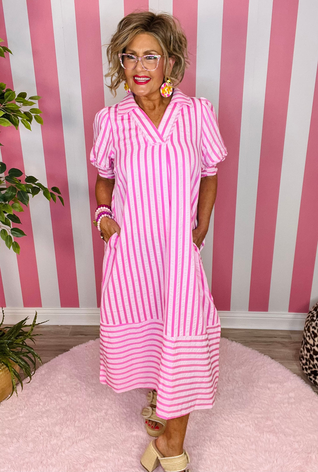 Striped Puff Sleeve Midi Dress-Pink