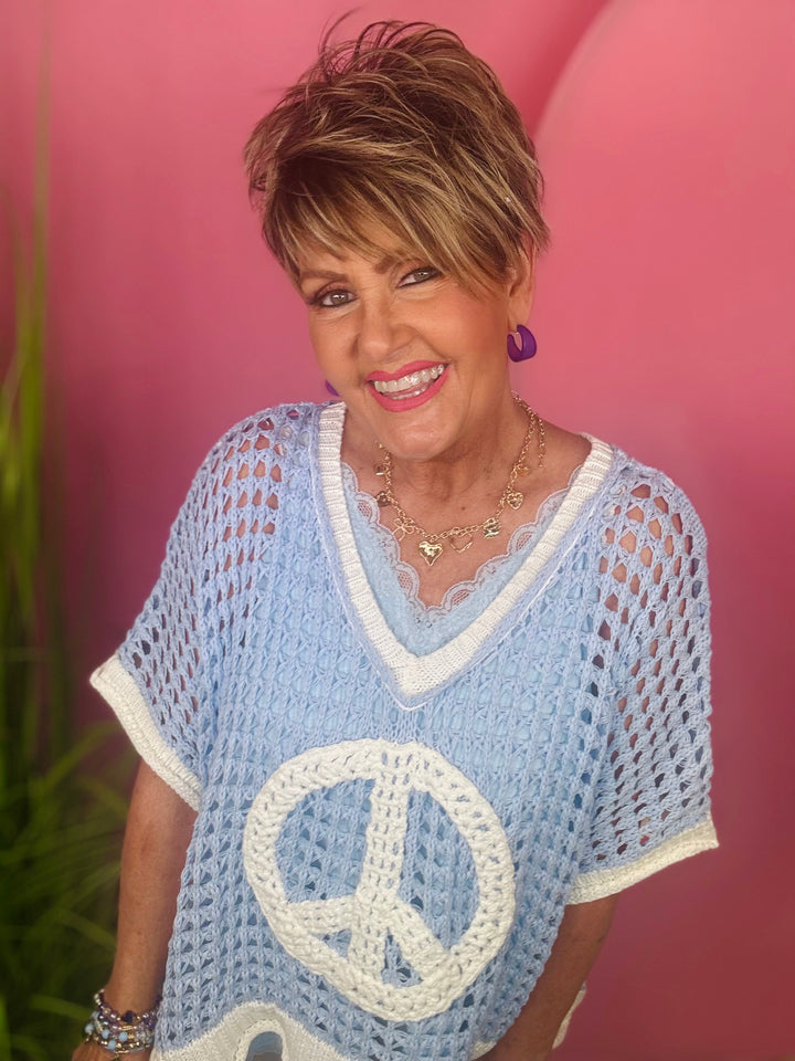 Crochet V-Neck Peace Sign Top - 2 Color Options