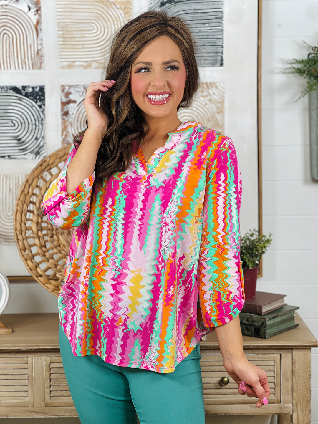Pink Abstract Top W/ 3/4 Sleeve - Available S - Extended Sizes