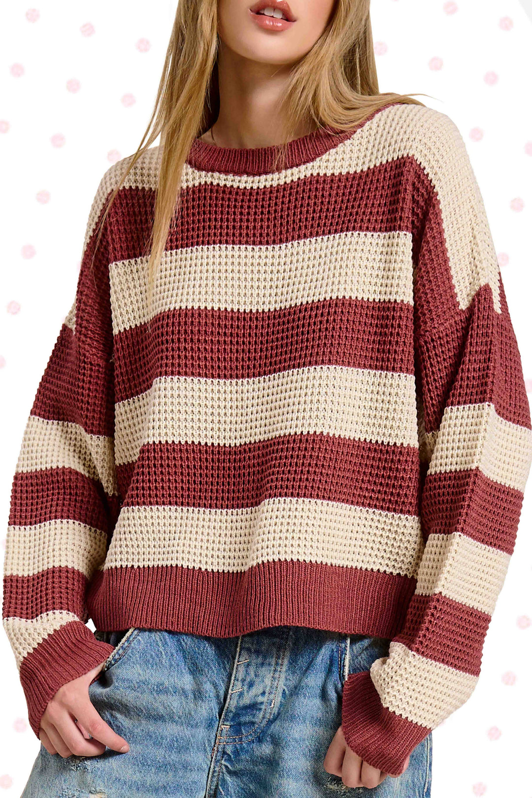 MCS3590-Loose Fit Striped Round Neck Long Sleeve Sweater