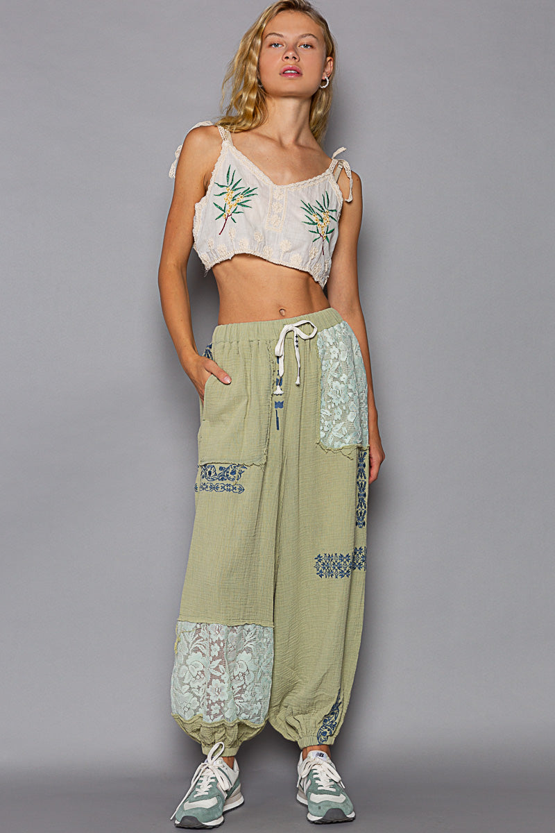 Gauze Joggers W/ Lace and Embroidery - 2 Color Options