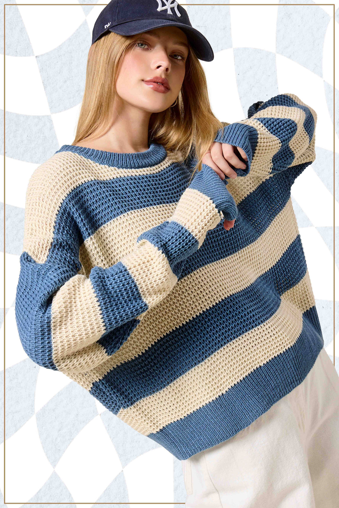 MCS3590-Loose Fit Striped Round Neck Long Sleeve Sweater