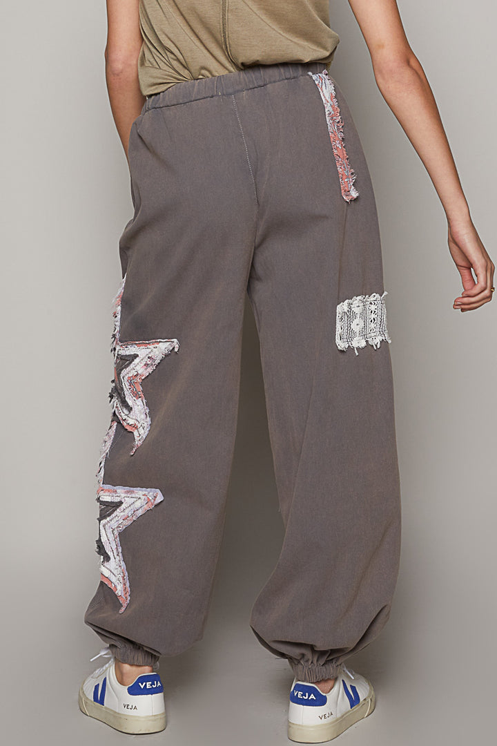 POL Pre-order - Charcoal Joggers with Crochet Pocket and Star Patches - FINAL SALE