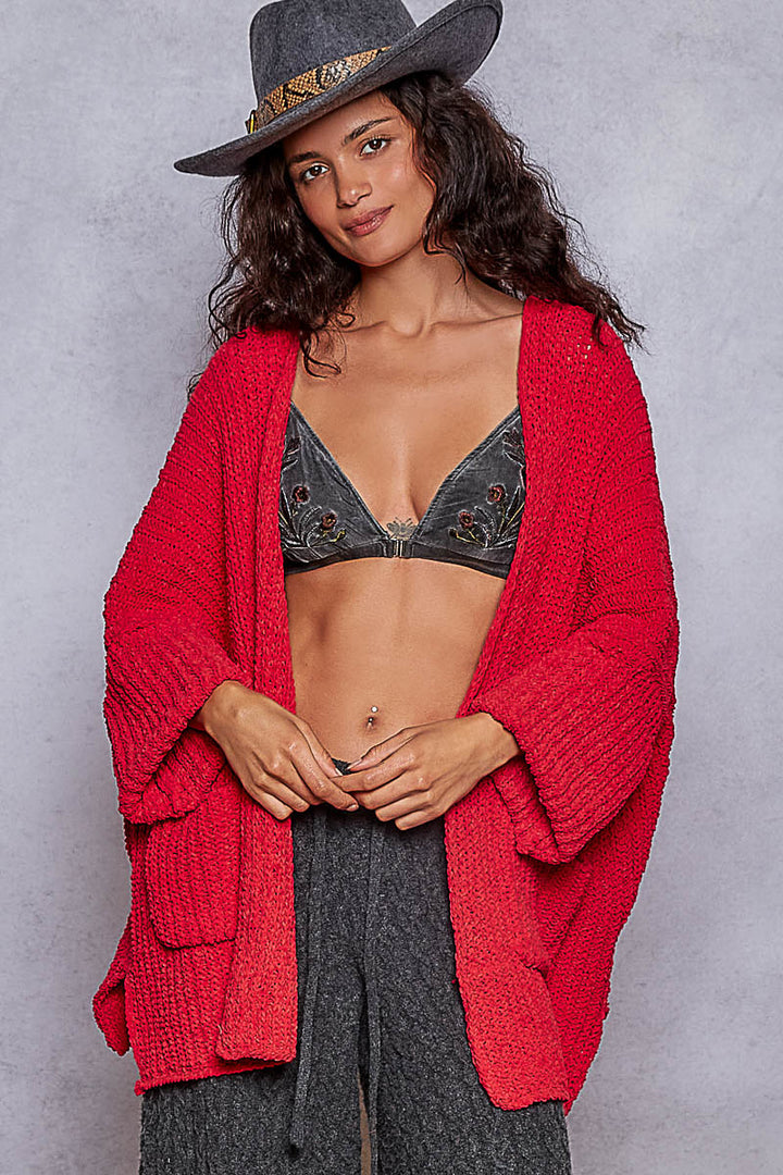 Apple Red Cable-Knit Cardigan w/Pockets