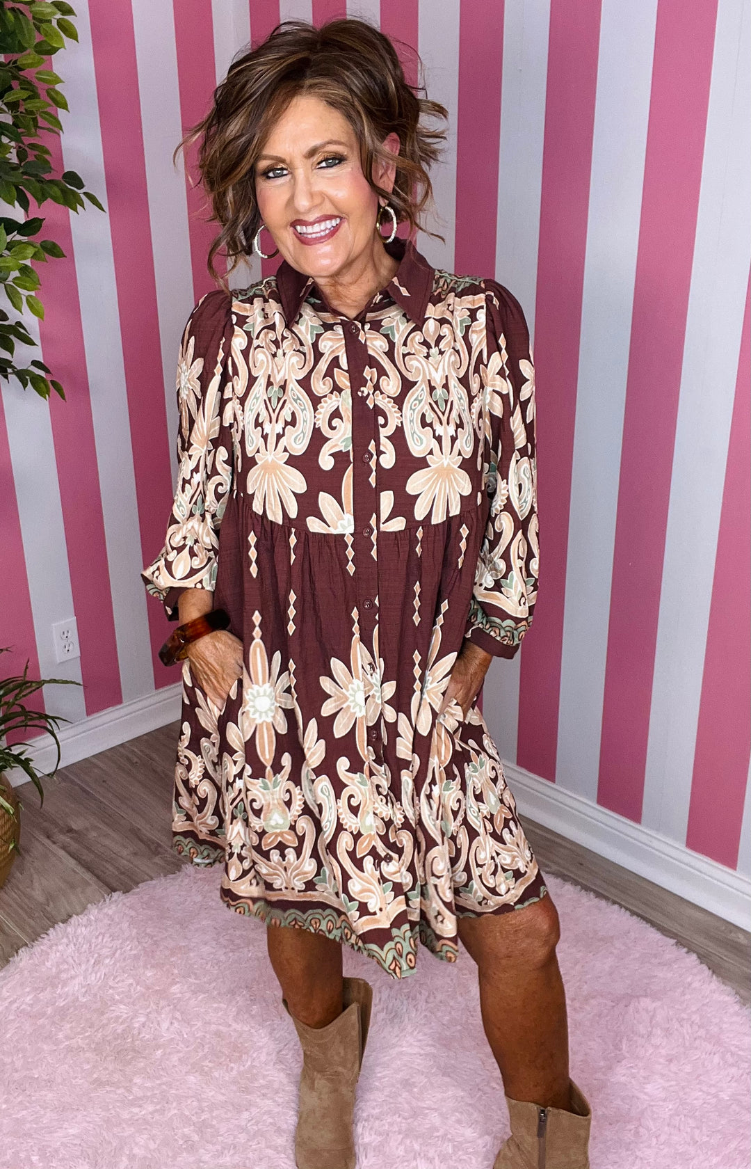 3/4 Sleeve Printed Dress-Brown Mix
