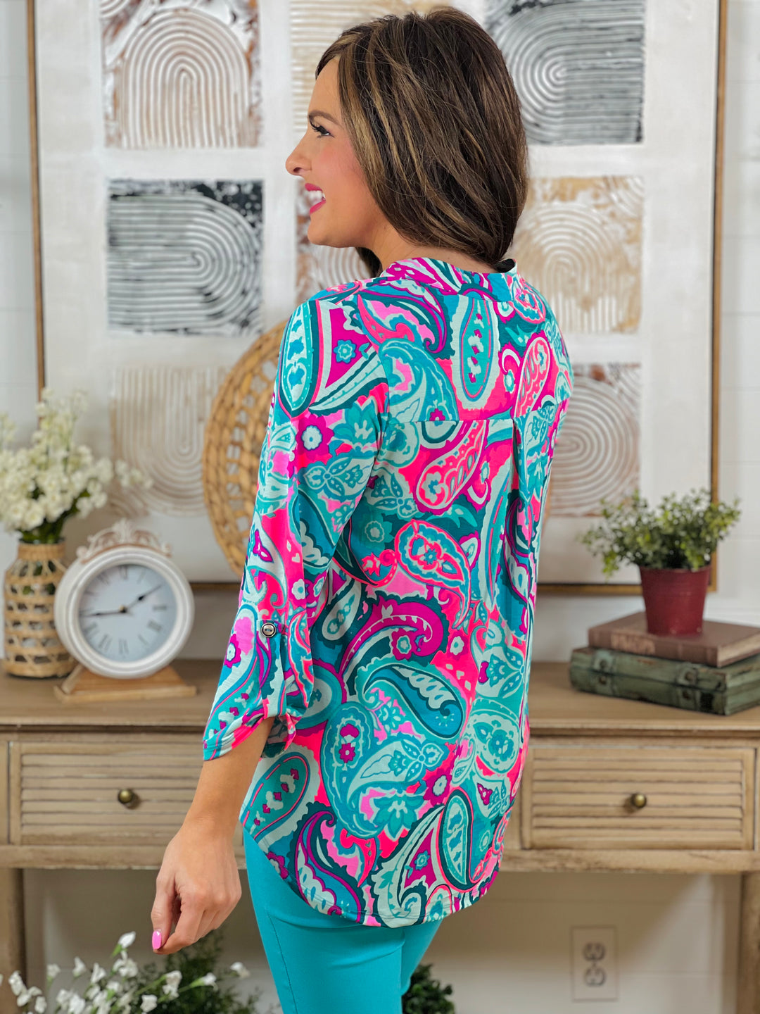 RESTOCKED: Blue Multi Paisley Print W/ 3/4 Sleeve - Available S - Extended Sizes