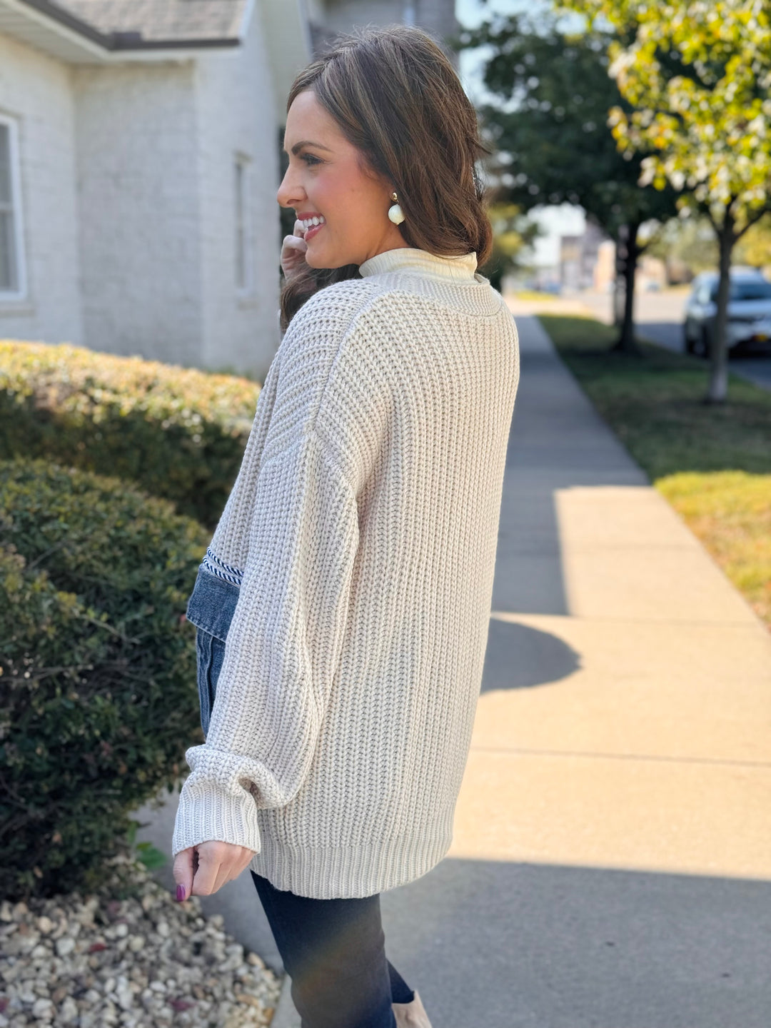 Oatmeal Knit Cardigan w/ Denim Pockets