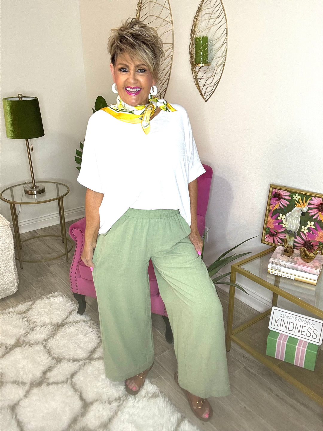 Elastic Waist Wide Leg Pants-2 Color Options-Blue and Sage