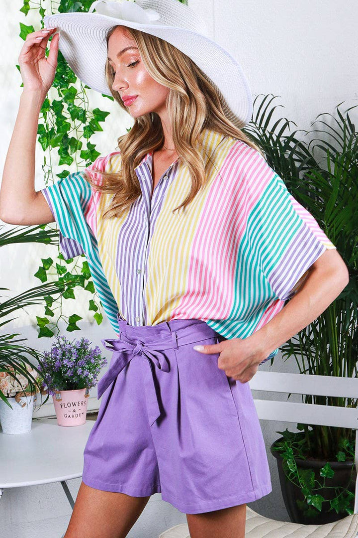 Collared Neck Short Sleeve-Multi-Striped