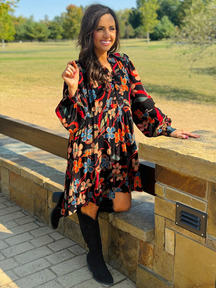 Black Floral Printed Gauze Tiered Dress