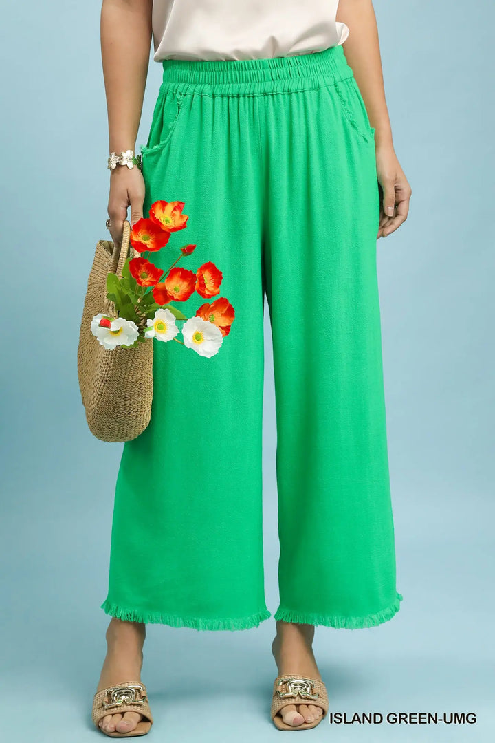 Frayed Hem Wide Leg Pants-Island Green