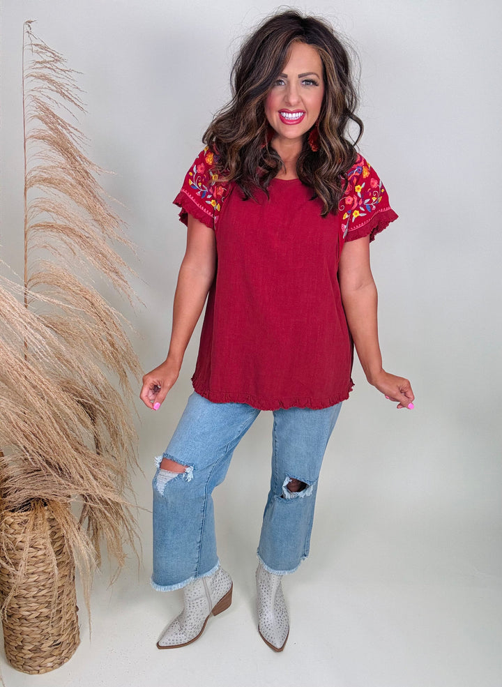 Embroidery Round Neck Short Sleeve Linen Top with Frayed Ruffle Trim - 2 Color Options - Small Through Extended Sizes - Final Sale