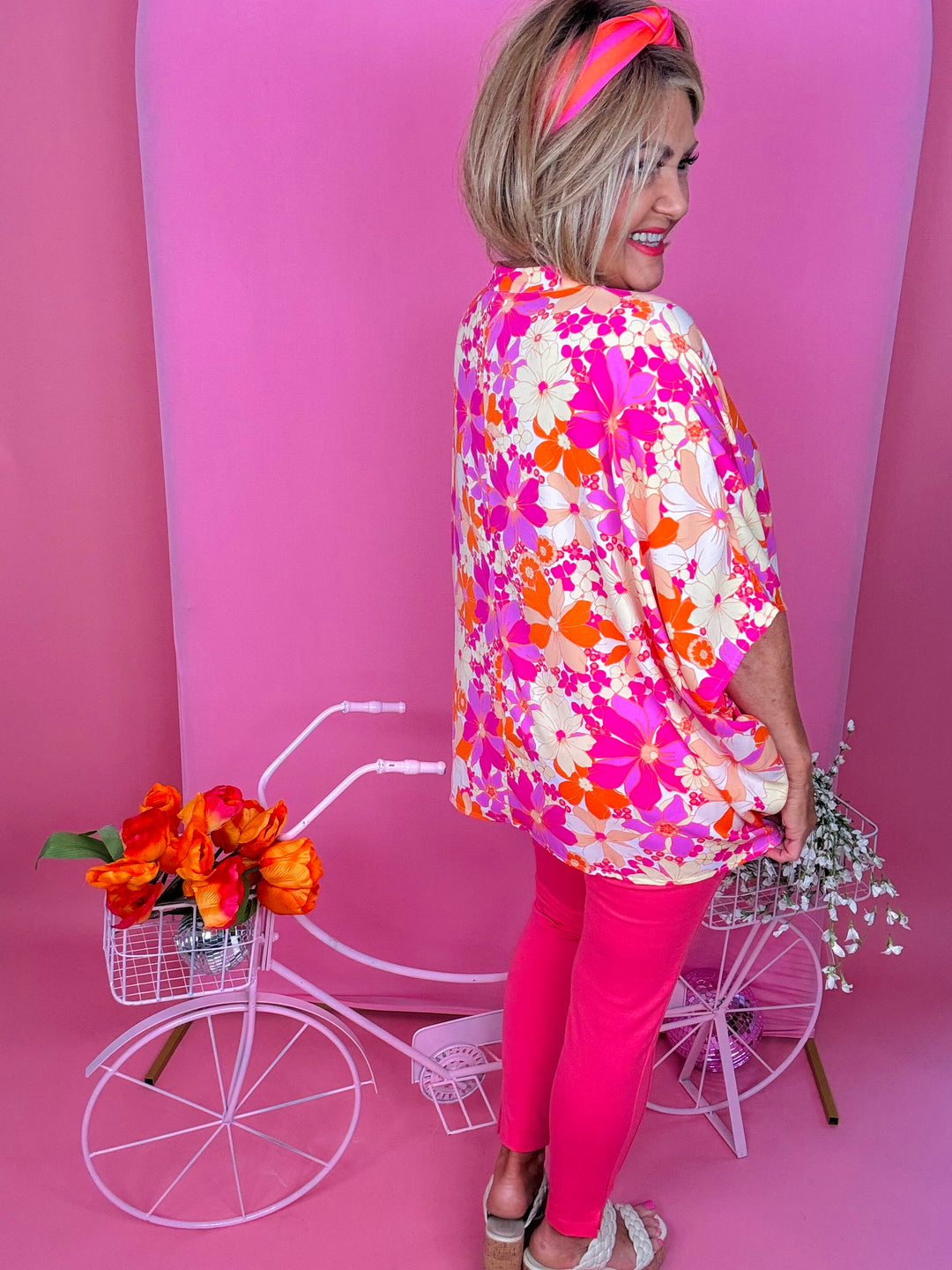 Pink Orange Floral Print Blouse - Available Small Through Extended Sizes - Final Sale