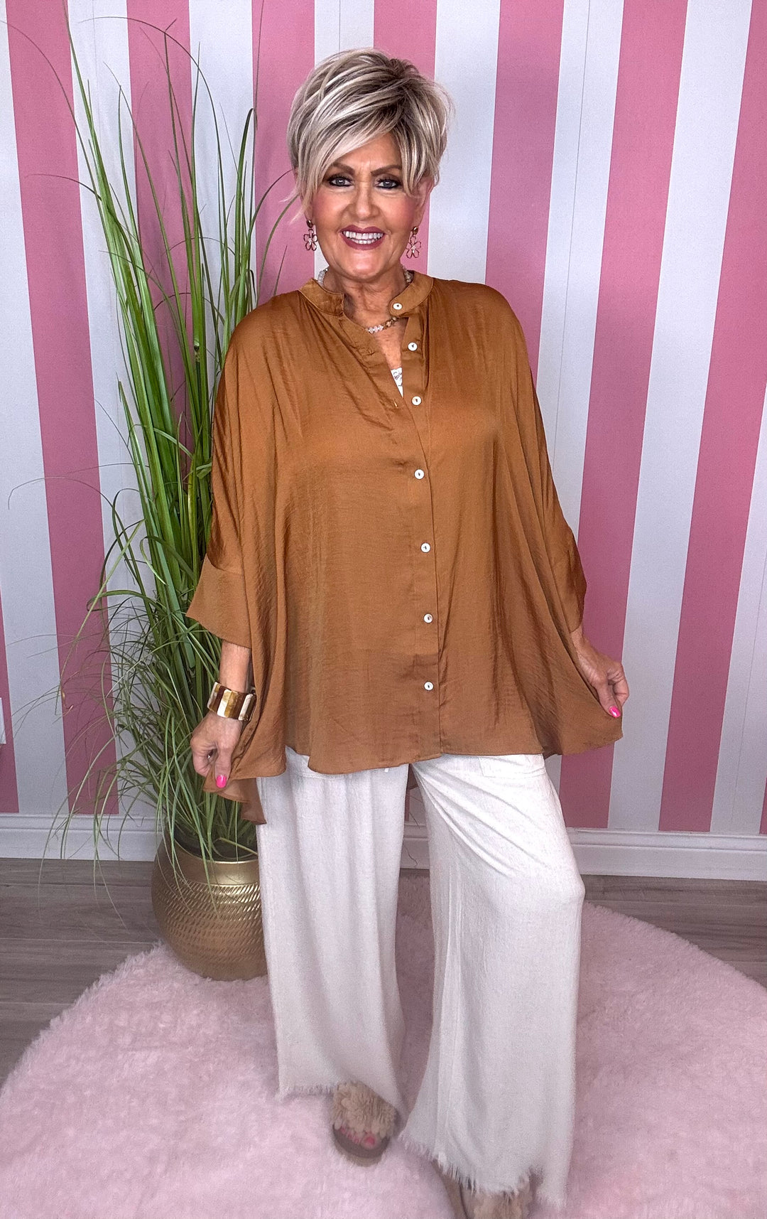 Washed Satin Button Down Loose Top-3  Color Options