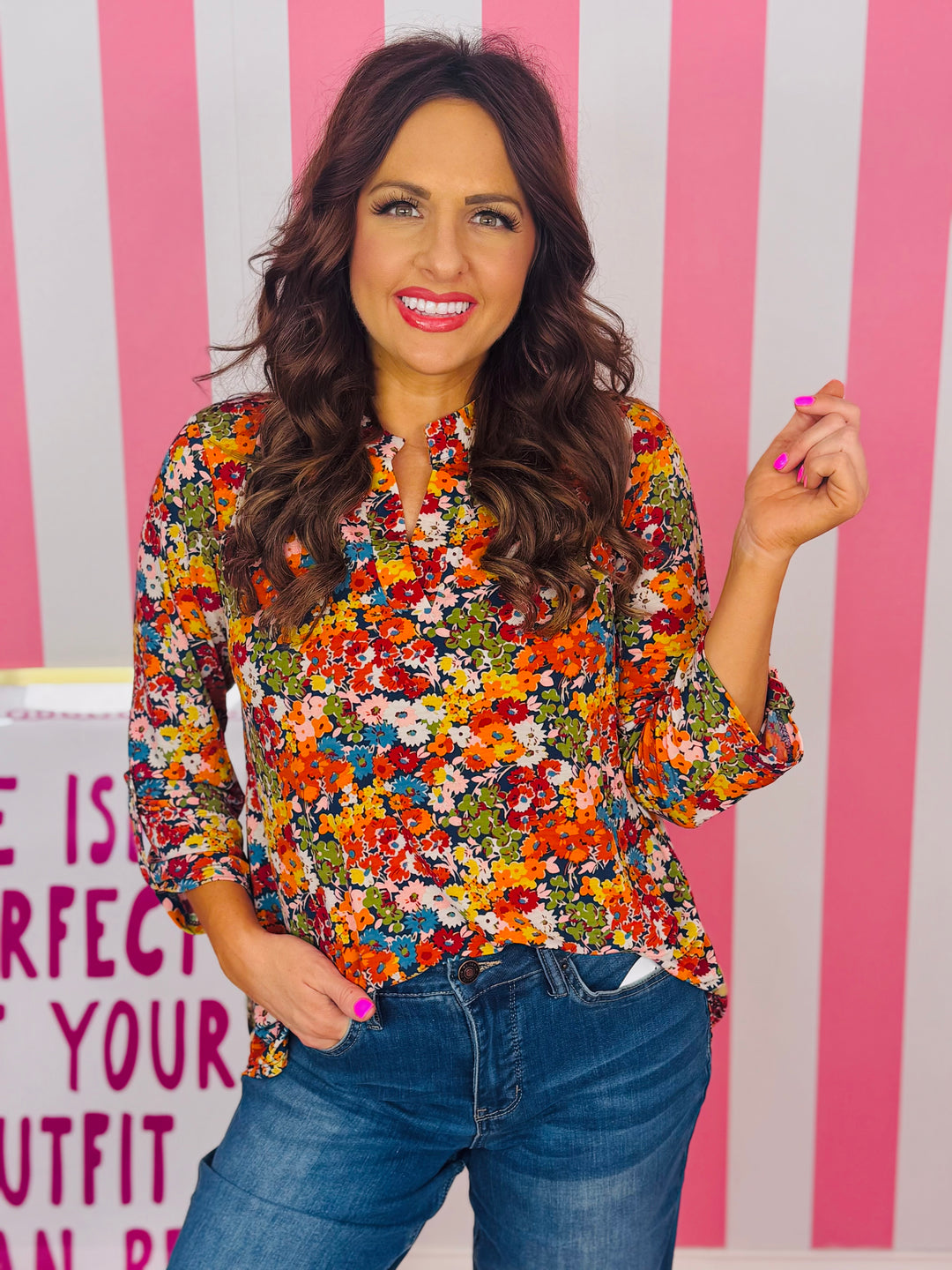 Navy Floral Print Blouse
