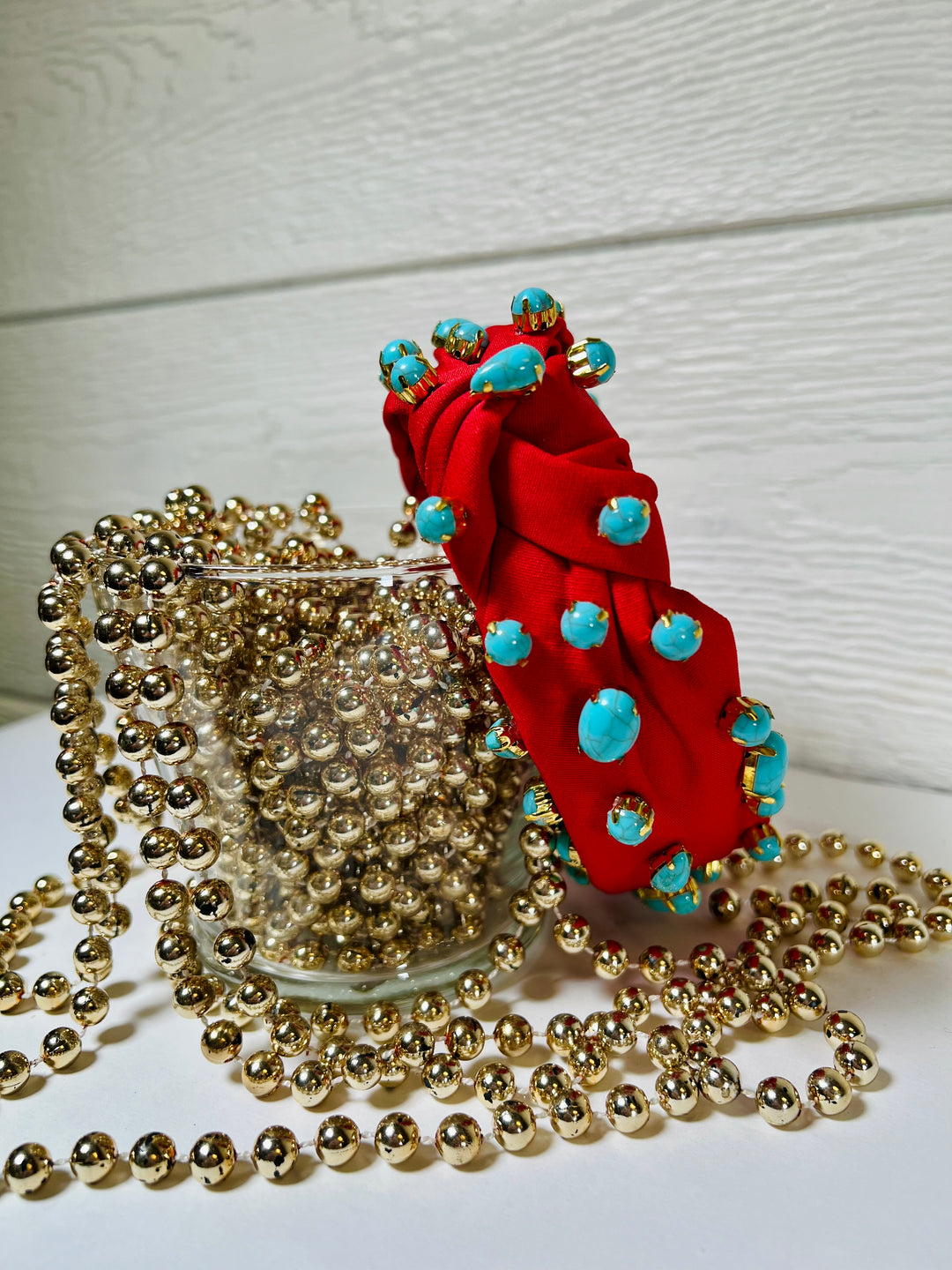 Red Headband with Turquoise Beads