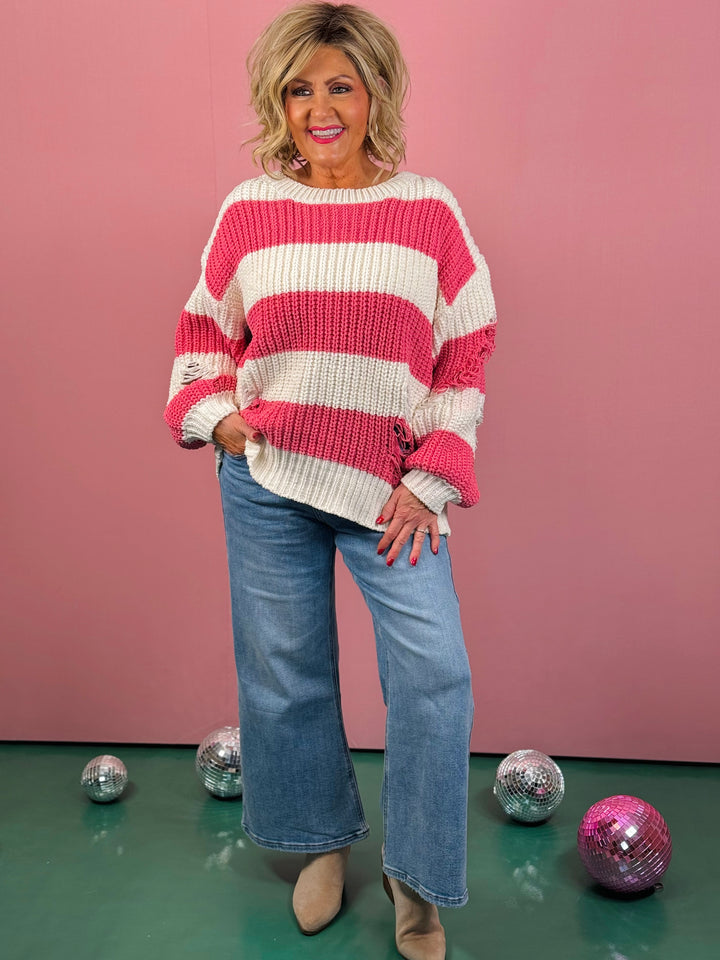 Cream/Pink Striped Chenille Sweater