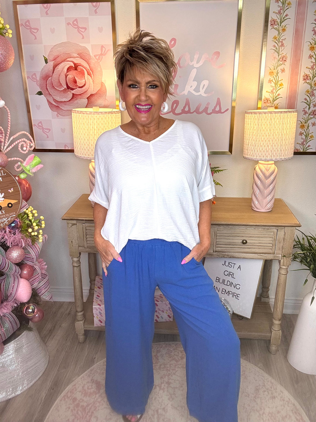 Elastic Waist Wide Leg Pants-2 Color Options-Blue and Sage