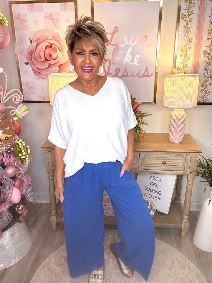 Elastic Waist Wide Leg Pants-2 Color Options-Blue and Sage