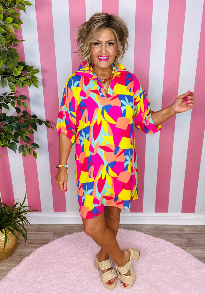 Stand Up Collar Drop Shoulder Dress-Bright Abstract