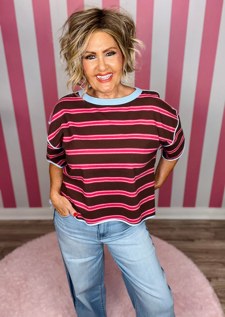 Soft Wash Striped Boxy Top-Mint Chocolate