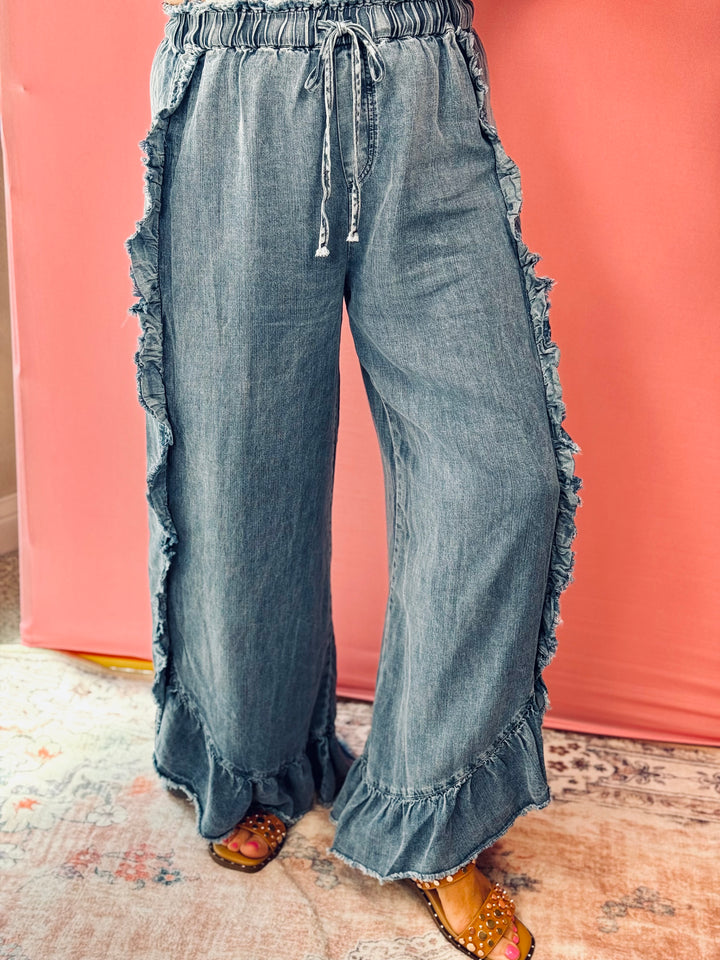Washed Ruffle Chambray Loose Fit Pants - Available Small Through Extended Sizes