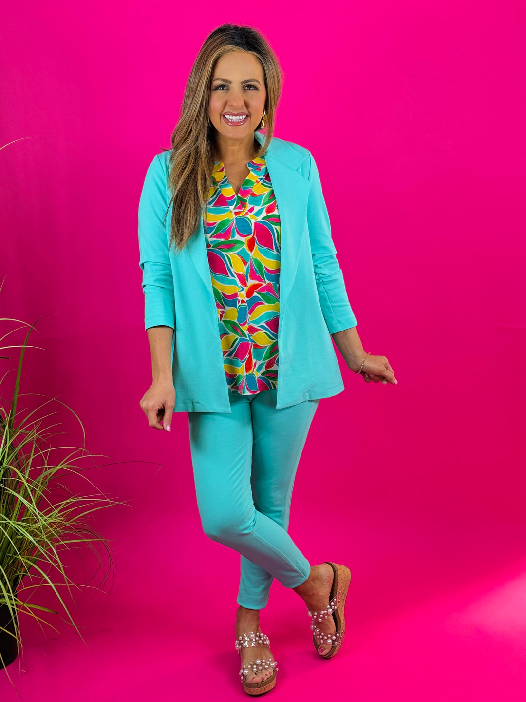 Teal Multi-Colored Flutter Sleeve Top - Available Small Through Extended Sizes