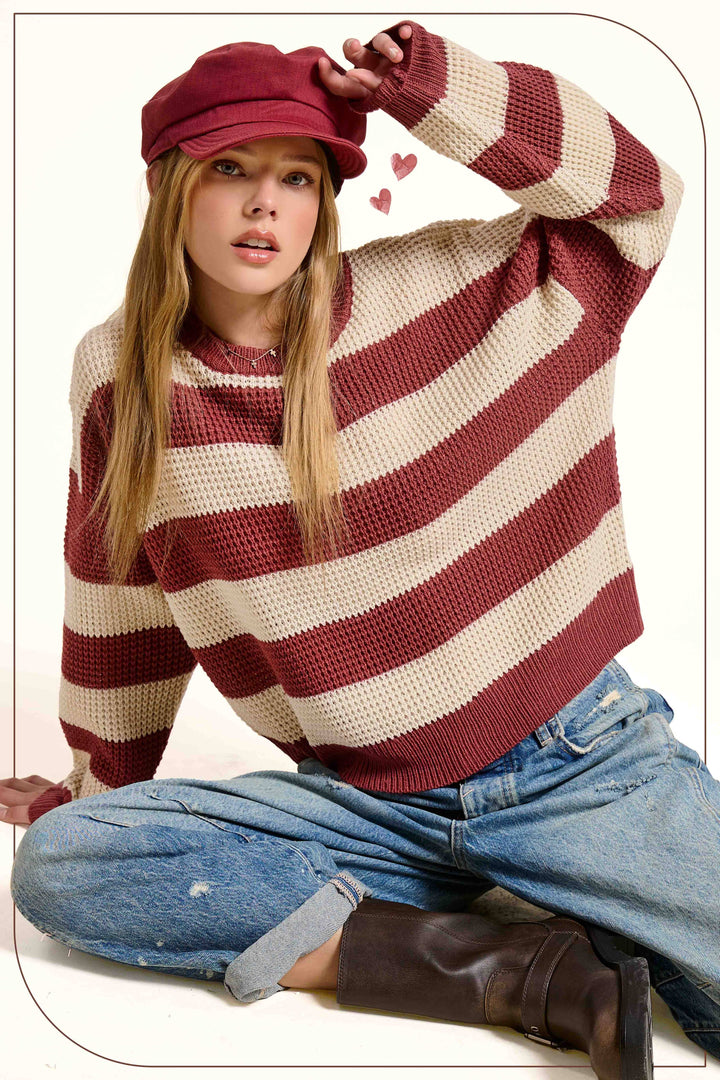 MCS3590-Loose Fit Striped Round Neck Long Sleeve Sweater