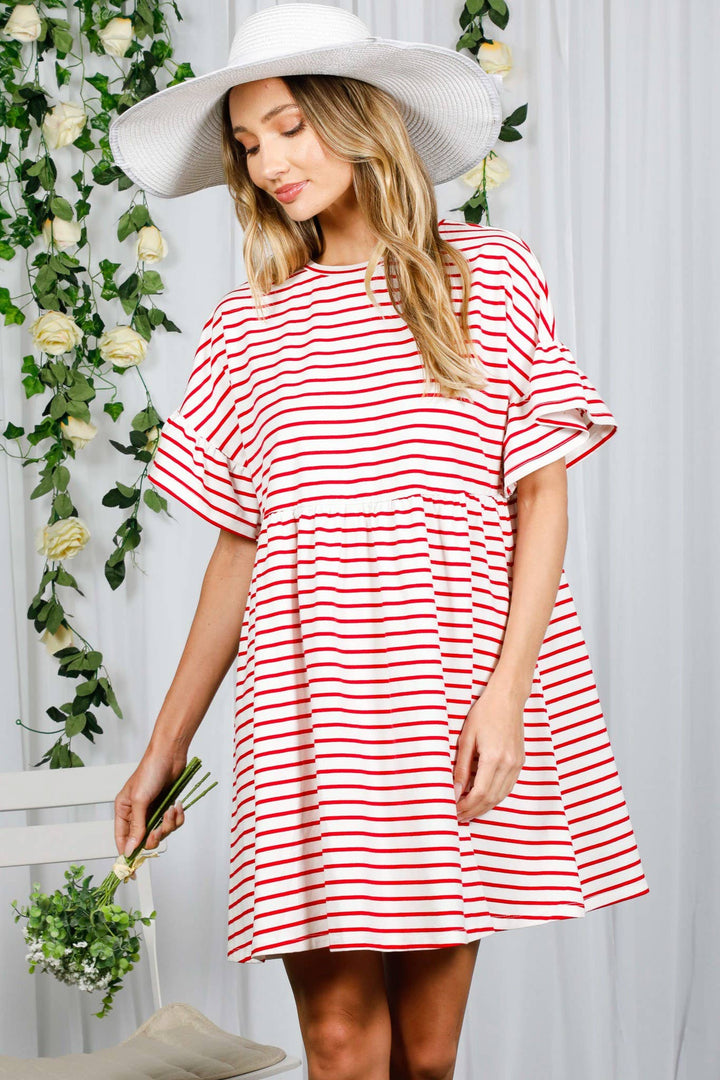 Striped Round Neck Baby Doll Cotton Dress-Red Stripe