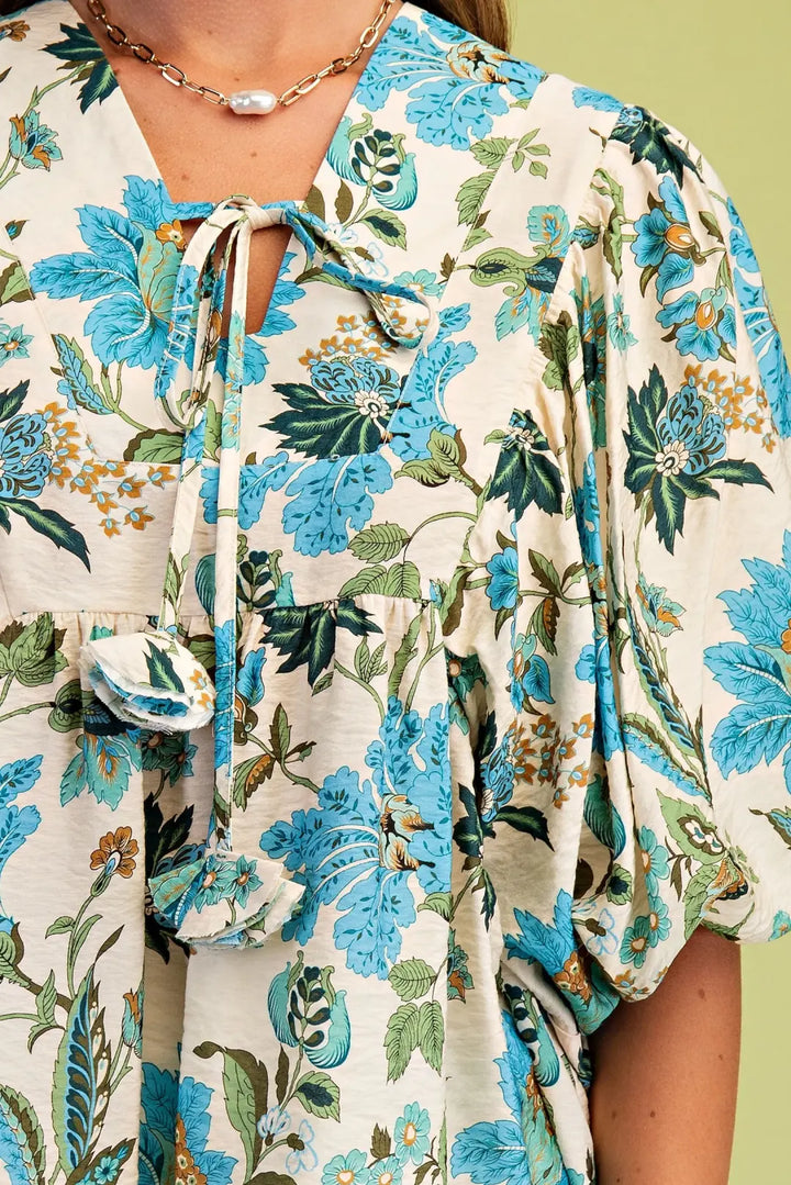 Floral Print Balloon Sleeve Blouse-Emerald Mix