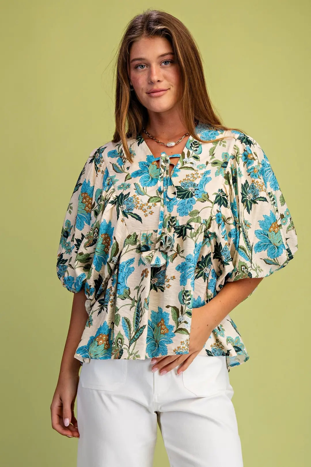 Floral Print Balloon Sleeve Blouse-Emerald Mix