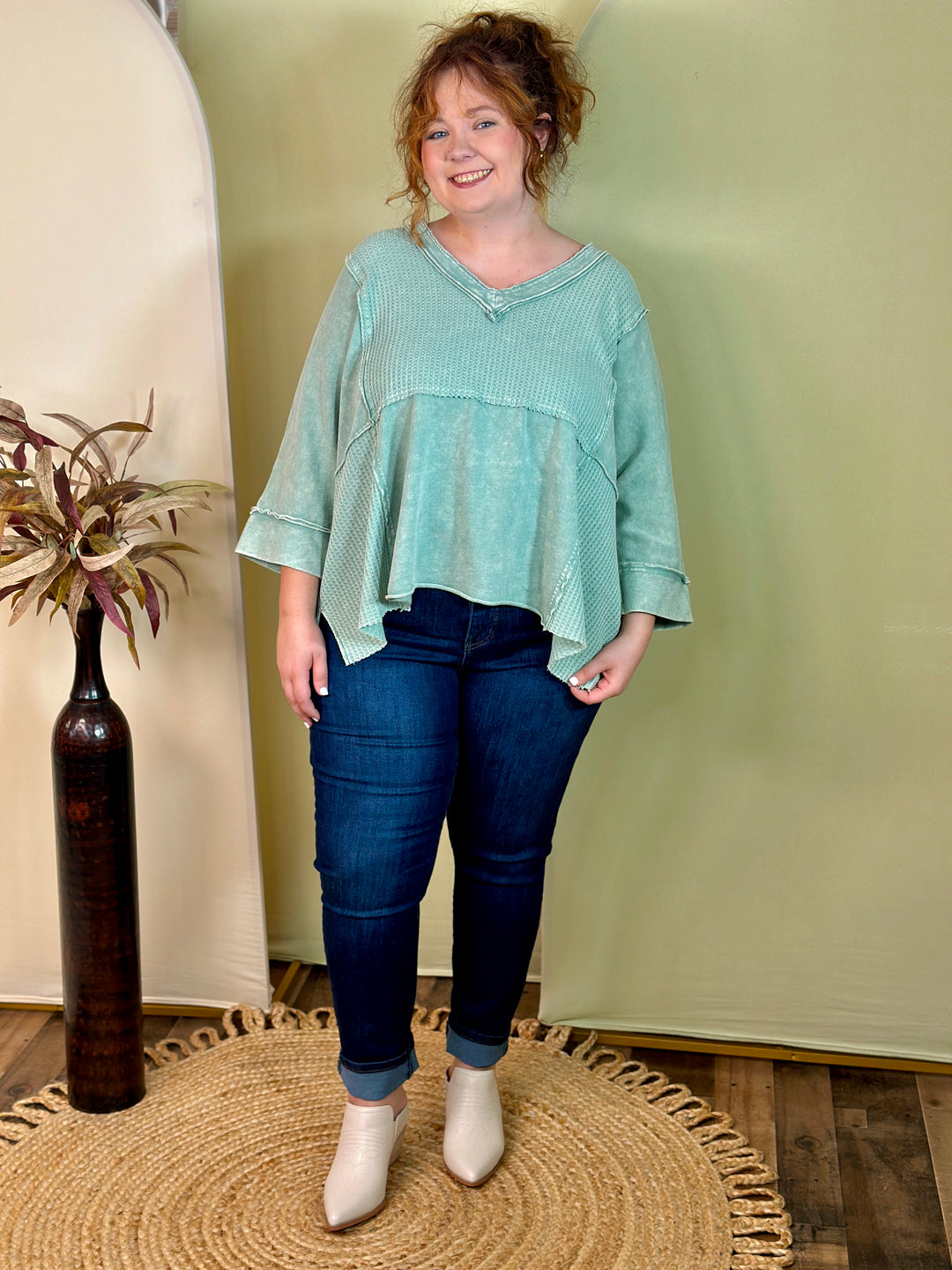 Mineral Washed V-Neck Knit Top - 2 Color Options - Small Through Extended Sizes