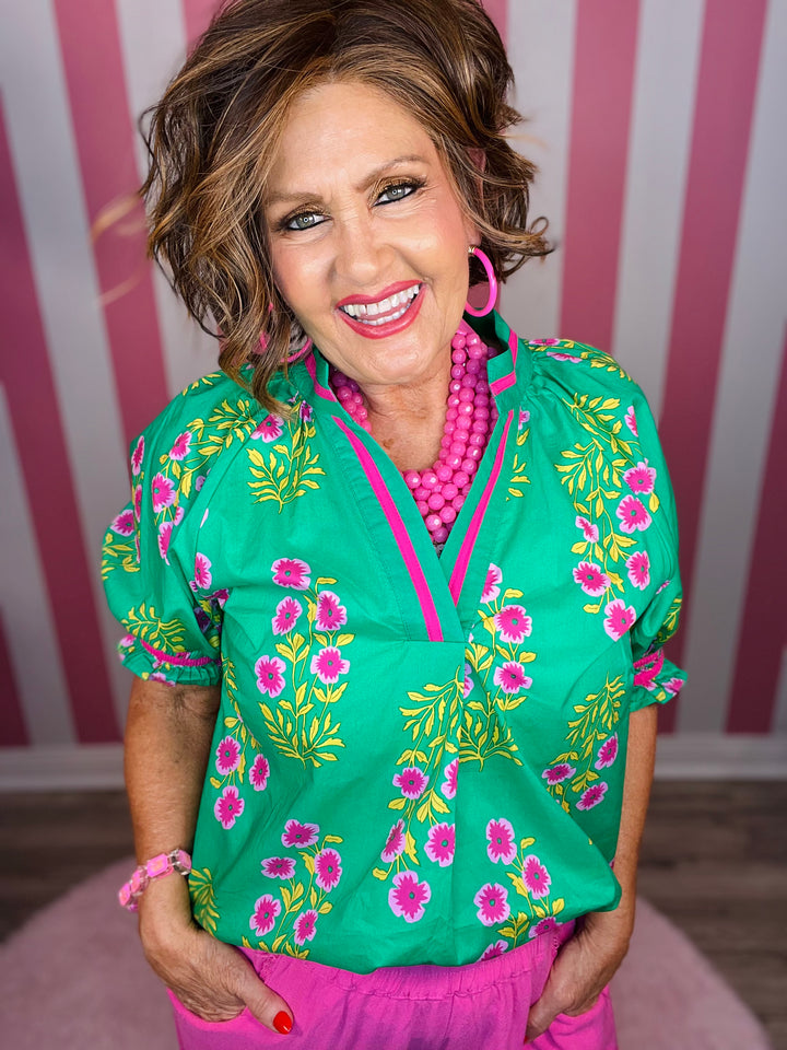 Floral Puff  Sleeve-Green Mix