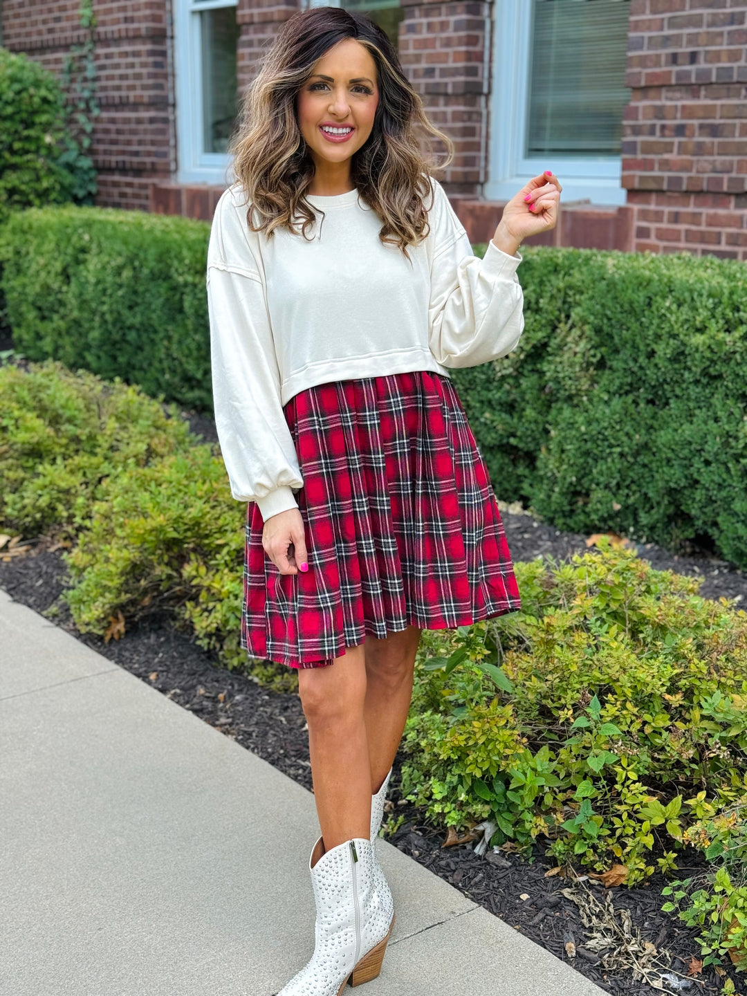 Long Sleeve Mini Dress w/ Heart Detail and Plaid Skirt - 2 Color Options