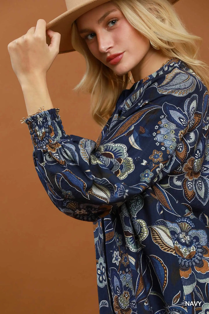 Floral Print Long Sleeve Blouse-Navy